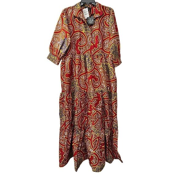 New The Oula Company Size M Print Tiered Maxi Dress Red Yellow - Picture 2 of 13
